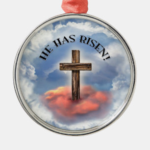 He Has Risen Rugged Cross With Clouds Metal Ornament