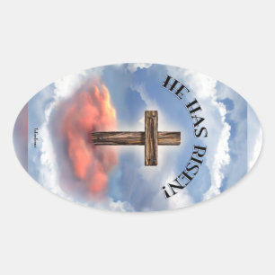 He Has Risen Rugged Cross With Clouds Oval Sticker