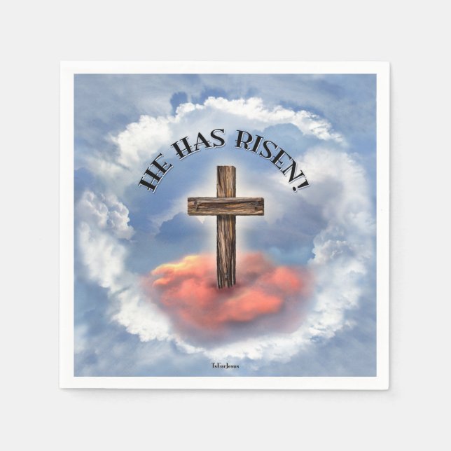 He Has Risen Rugged Cross With Clouds Paper Napkins (Front)