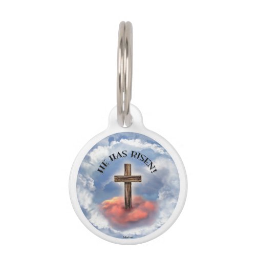 He Has Risen Rugged Cross With Clouds Pet ID Tag