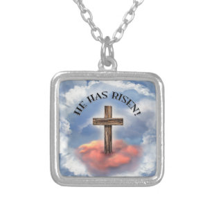 He Has Risen Rugged Cross With Clouds Silver Plated Necklace