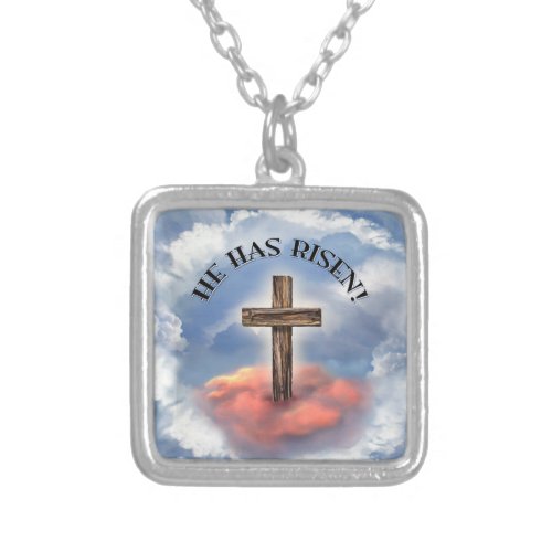 He Has Risen Rugged Cross With Clouds Silver Plated Necklace