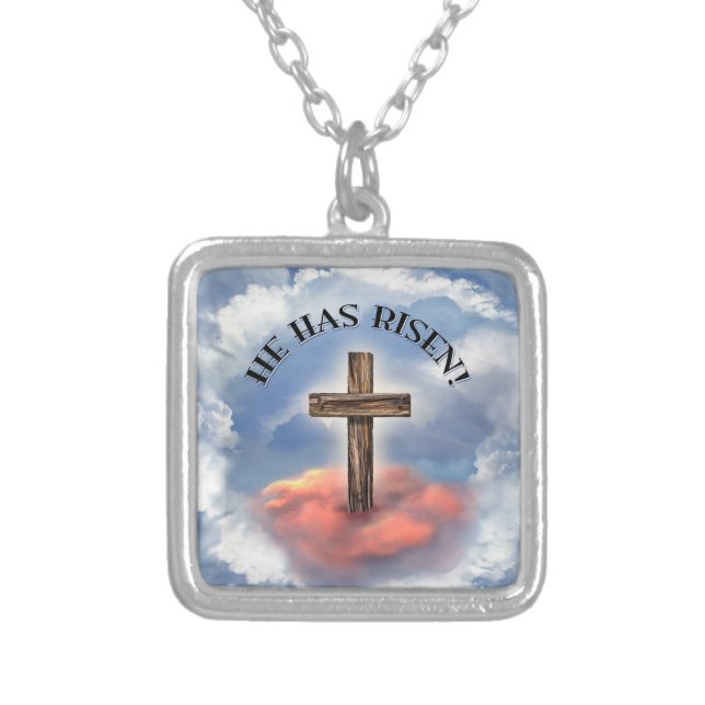 He Has Risen Rugged Cross With Clouds Silver Plated Necklace (Front)