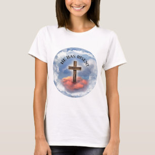 He Has Risen Rugged Cross With Clouds T-Shirt