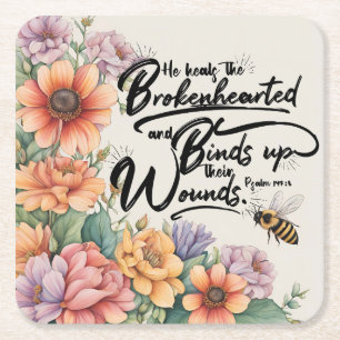 He Heals the Brokenhearted Square Paper Coaster