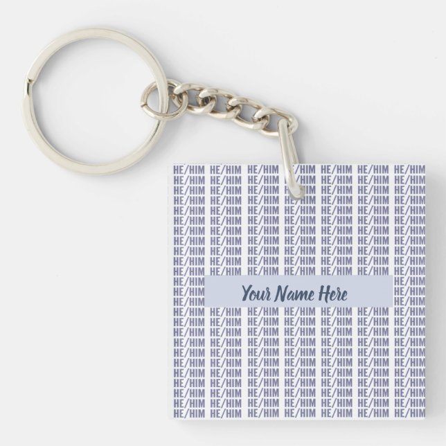 He Him Gender Pronouns in Blue Repeat Keychain (Front)