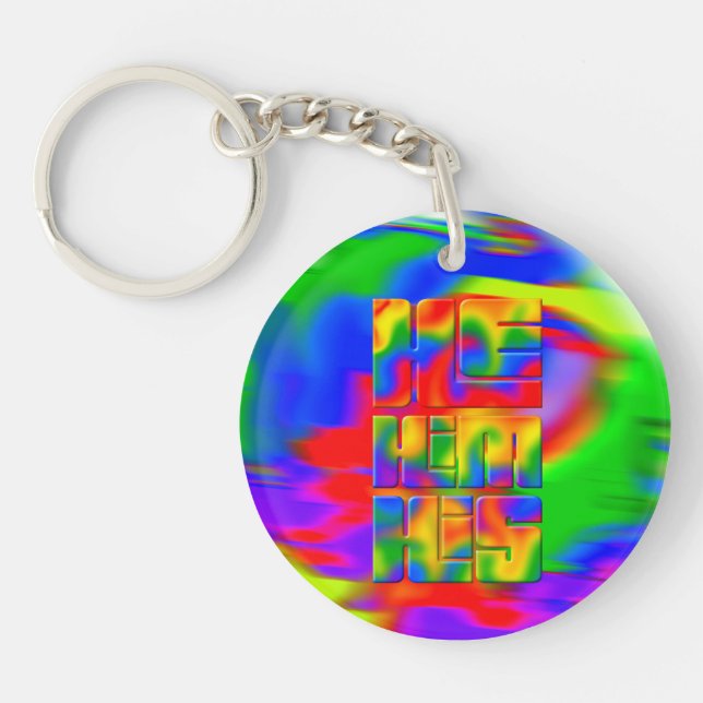 He Him His Pronouns Rainbow Tie Dye Keychain (Front)