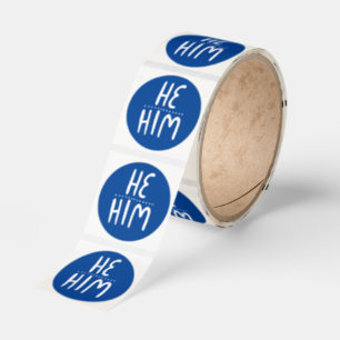 HE / HIM Pronouns Blue Handlettering Roll of Classic Round Sticker