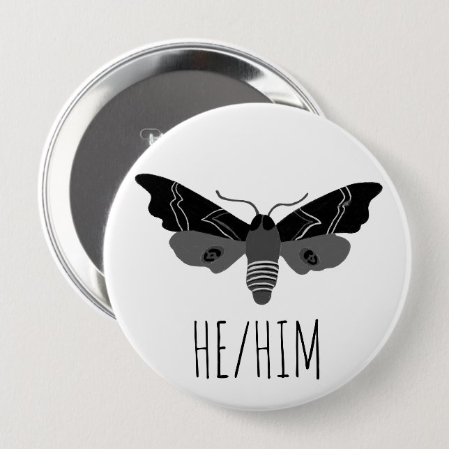 HE/HIM Pronouns Handdrawn Moth Insect Button (Front & Back)