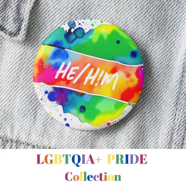 He/Him Pronouns Pride Watercolor Rainbow Button (Creator Uploaded)