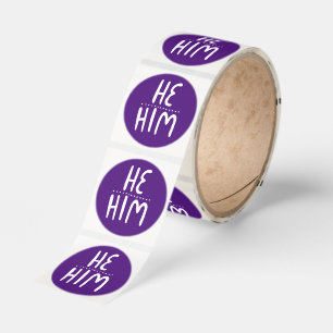 HE / HIM Pronouns Purple Handlettering Roll of Classic Round Sticker