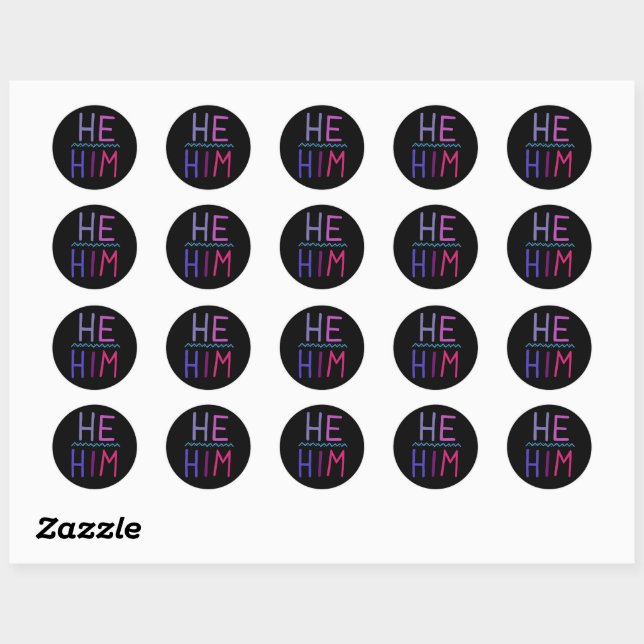 HE / HIM Pronouns Purple Handlettering Set of   Classic Round Sticker (Sheet)