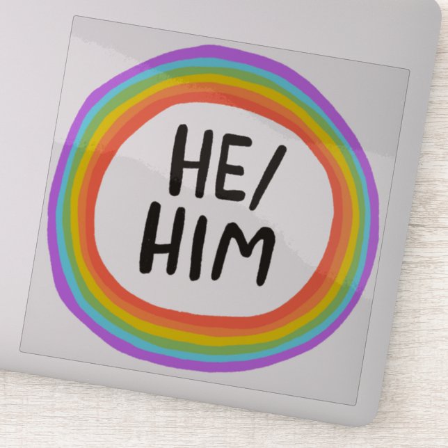 HE/HIM Pronouns Rainbow Circle  Handlettering Sticker (Detail)