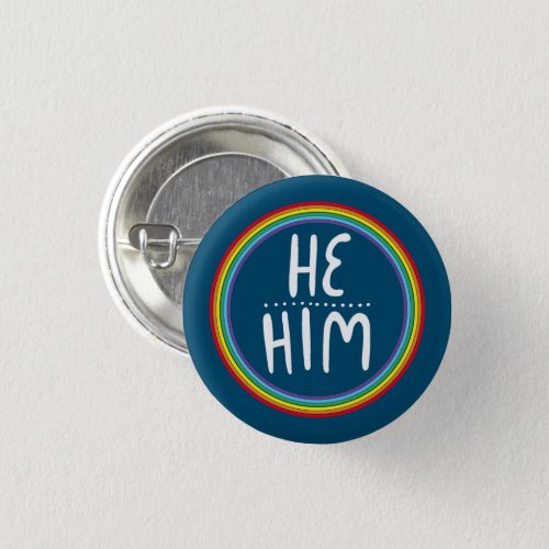 HEHIM Pronouns Rainbow Handlettered Blue Button