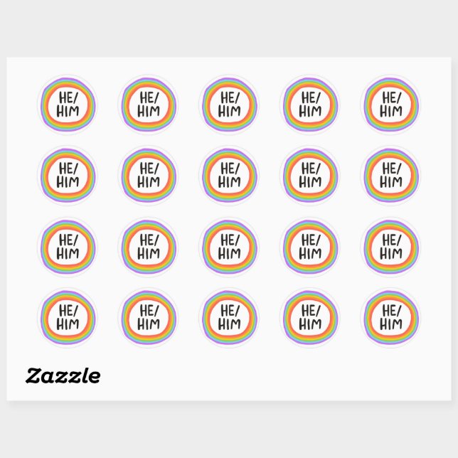 HE / HIM Pronouns Rainbow Handlettering Set of  Classic Round Sticker (Sheet)