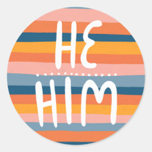 HE/HIM Pronouns Stripes Handlettering Sheet of Classic Round Sticker
