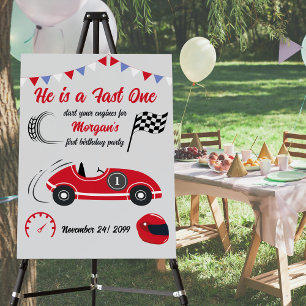 He is a Fast One Festive Red Race Car Birthday Foam Board