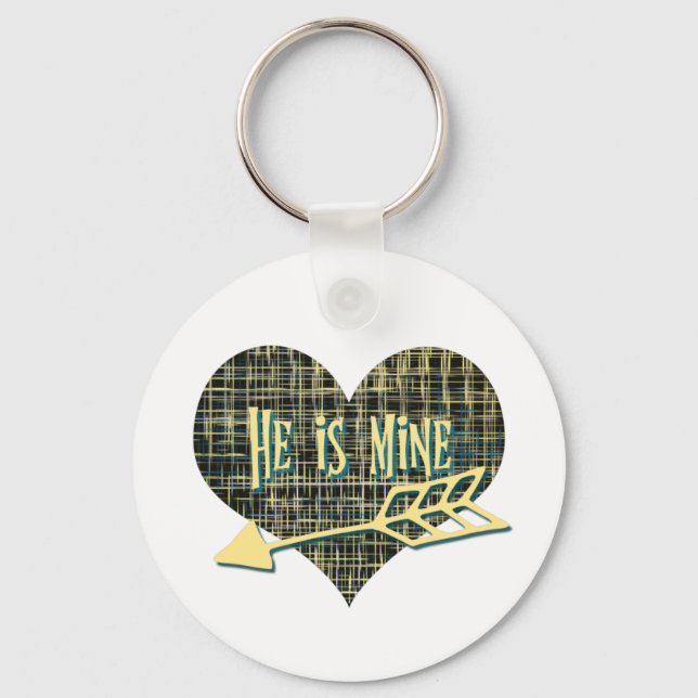 He is Mine Blue Yellow Grid Heart Shape Design Keychain (Front)