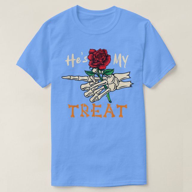 He Is My Treat Halloween Skeleton Hand Holding Flo T-Shirt (Design Front)