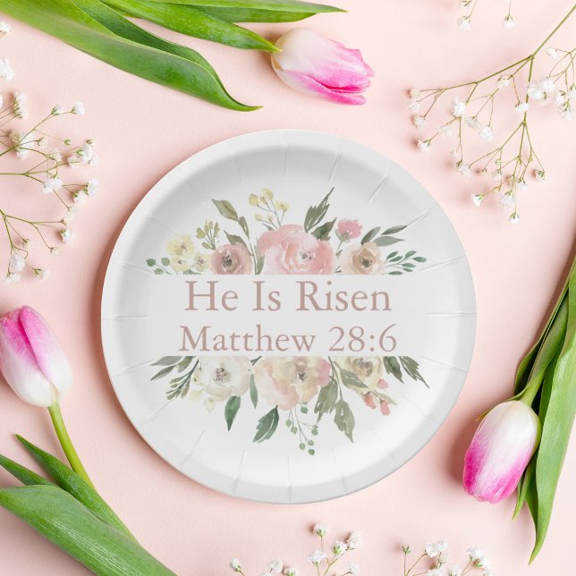 He is Risen Beautiful Pink Floral Easter Party Paper Plates (Creator Uploaded)