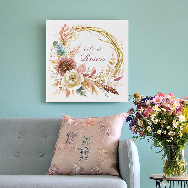 He is Risen boho floral wreath Easter Faux Canvas Print (Creator Uploaded)