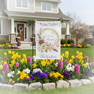 He is Risen boho floral wreath Easter Garden Flag