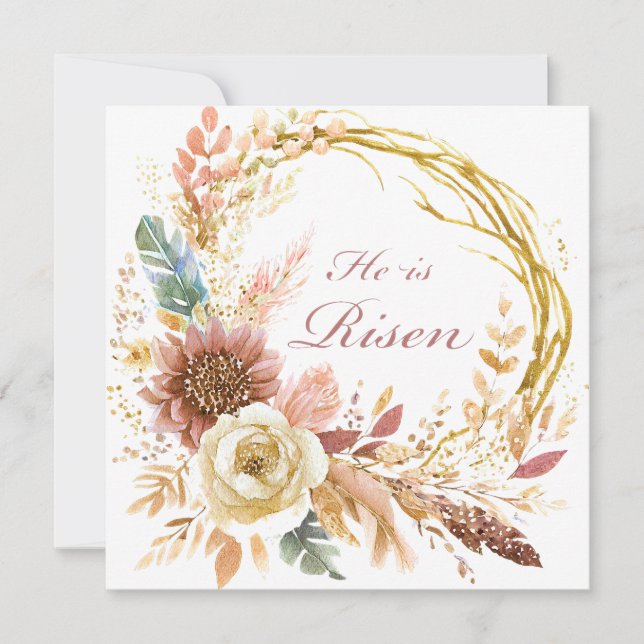 He is Risen boho floral wreath Easter Holiday Card (Front)