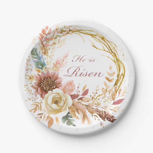 He is Risen boho floral wreath Easter Paper Plates (Front)