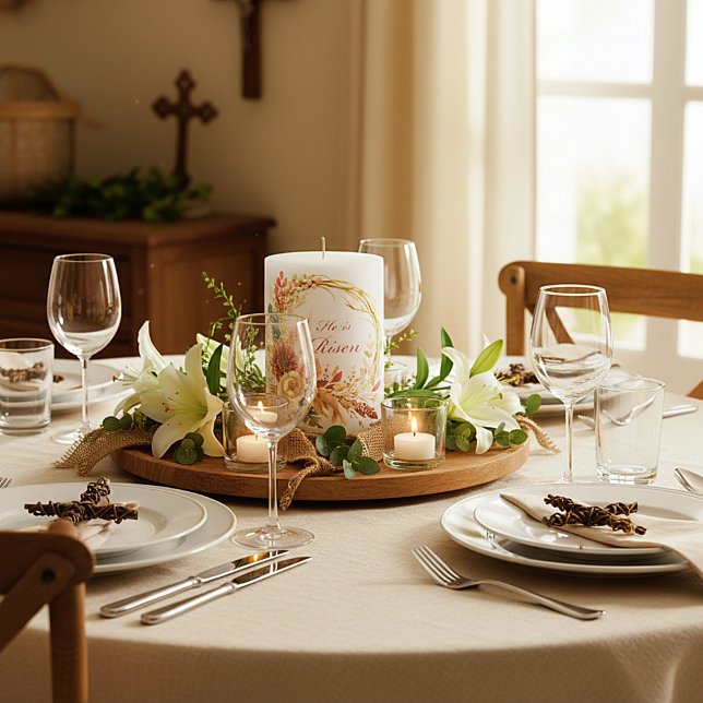 He is Risen boho floral wreath Easter Pillar Candle (Creator Uploaded)