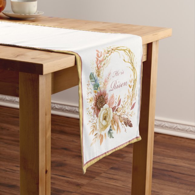 He is Risen boho floral wreath Easter Short Table Runner (In Situ)