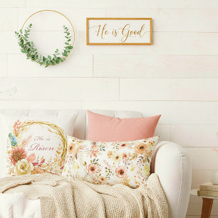 He is Risen boho floral wreath Easter Throw Pillow