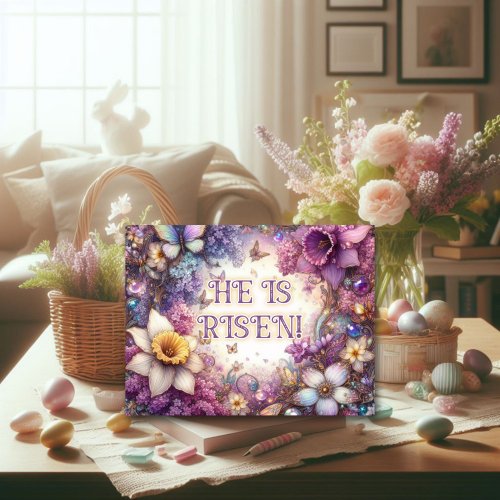 He Is Risen Butterflies Lilacs Purple Easter  Holiday Card