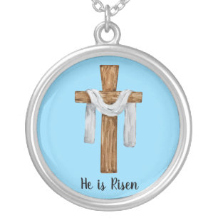He Is Risen Christian Cross Easter Silver Plated Necklace