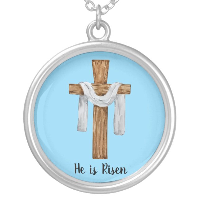 He Is Risen Christian Cross Easter Silver Plated Necklace (Front)