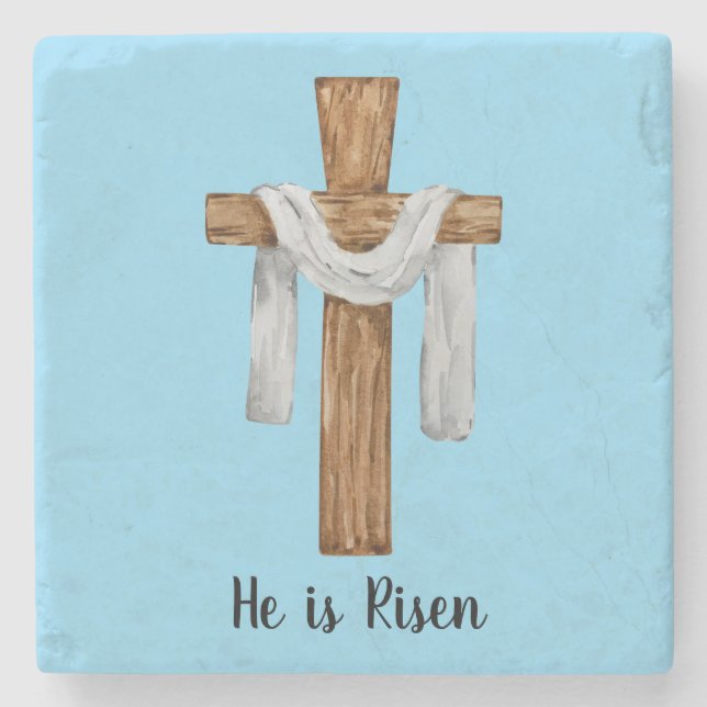 He Is Risen Christian Cross Easter Stone Coaster (Front)