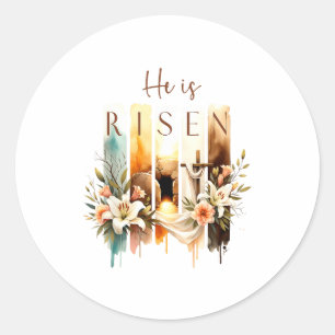 He Is Risen Christian Cross Jesus Bible Verse Happ Classic Round Sticker