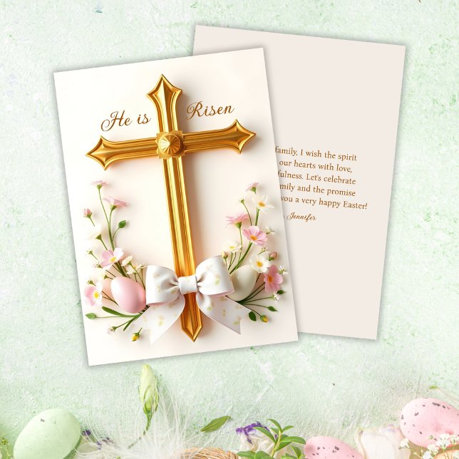 He Is Risen Christian Cross Religious Easter  Holiday Card (Elegant "He Is Risen" Easter Greeting Card – Christian Religious Flat Holiday Card)