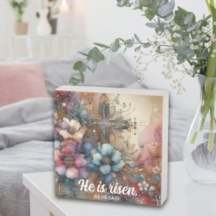 He Is Risen Christian Cross Watercolor Floral Wooden Box Sign