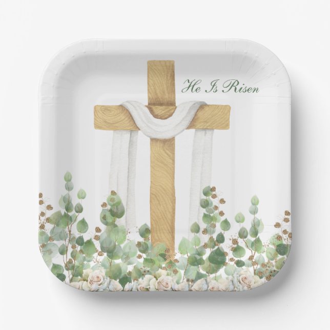 He Is Risen Christian Easter Personalized Paper Plates (Front)