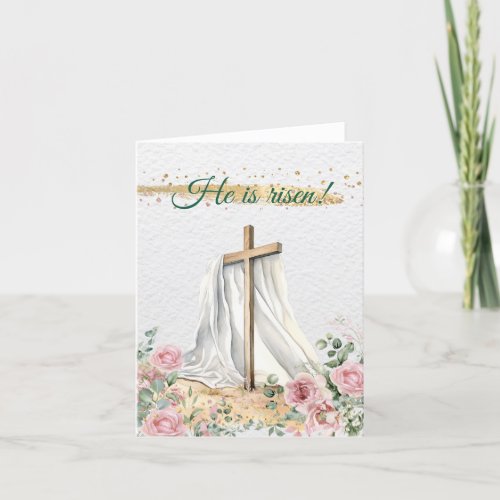  He Is Risen Christian Watercolor Roses Eucalyptus Holiday Card