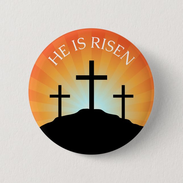 He is risen cross against sunrise Easter button (Front)