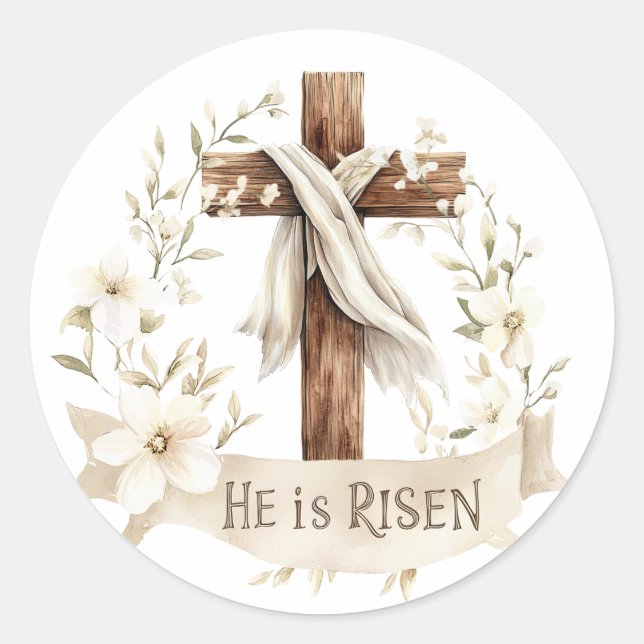 He is Risen Cross | Easter Classic Round Sticker (Front)