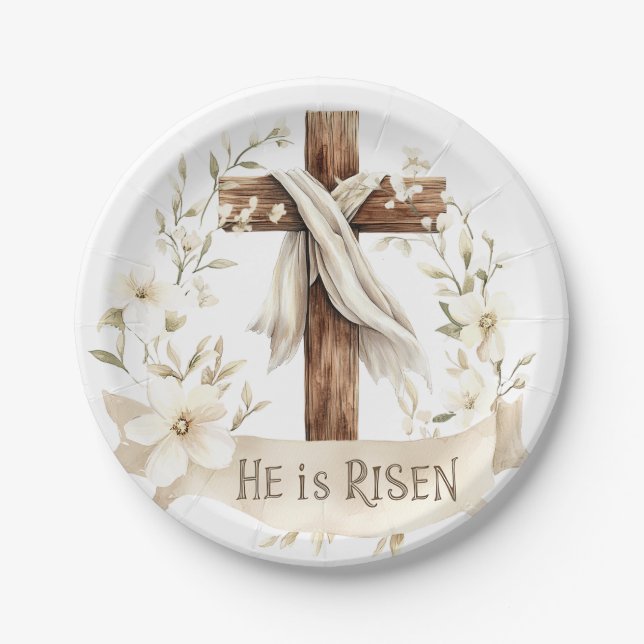 He is Risen Cross | Easter Paper Plates (Front)