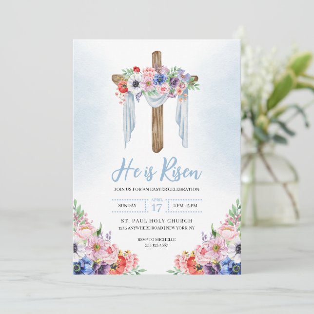 He Is Risen Cross Easter Spring Celebration Invitation (Standing Front)