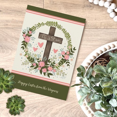 He Is Risen Cross Floral Happy Easter Custom Card