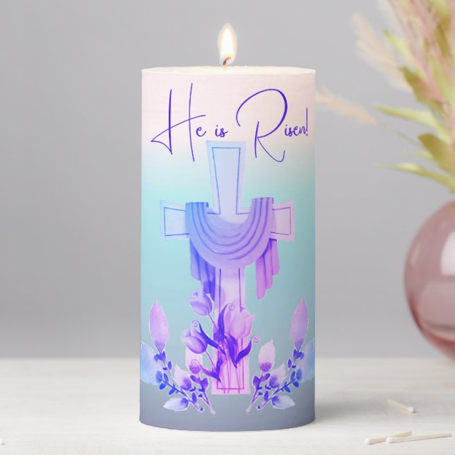 'He is Risen!' Cross & Flowers 6" Pillar Candle (In Situ)