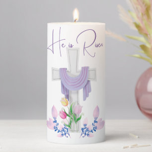'He is Risen' Cross & Flowers Easter 6" Pillar Candle