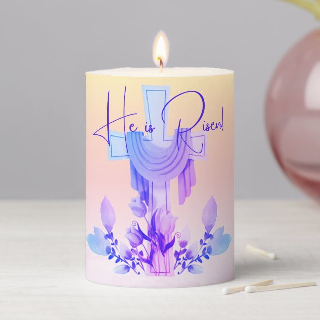 'He is Risen!' Cross & Flowers Pillar Candle (In Situ)