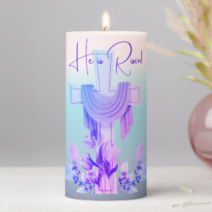 'He is Risen!' Cross & Flowers Pillar Candle