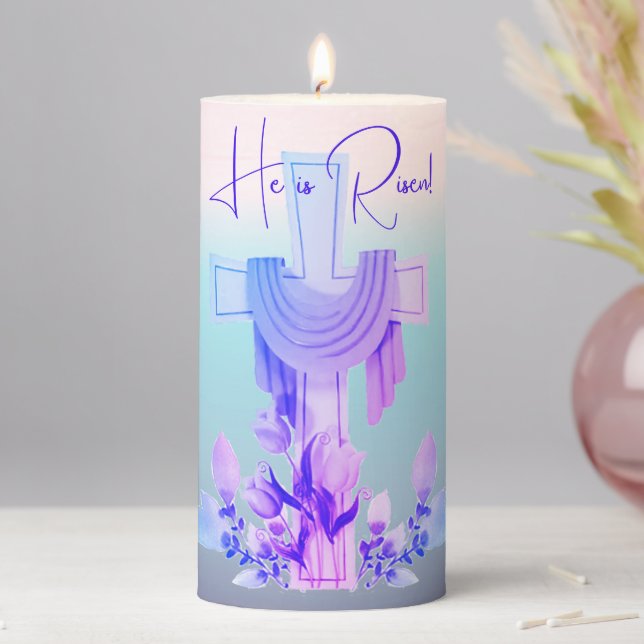 'He is Risen!' Cross & Flowers Pillar Candle (In Situ)